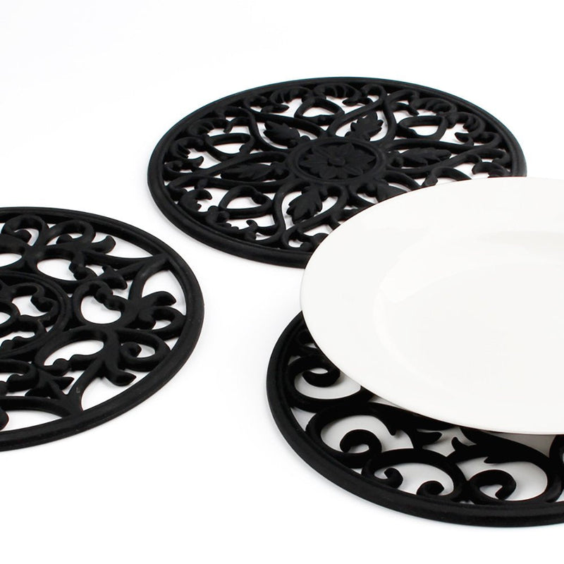 [Australia - AusPower] - ME.FAN 3 Set Silicone Multi-Use Intricately Carved Trivet Mat - Insulated Flexible Durable Non Slip Coasters (Black) Black 