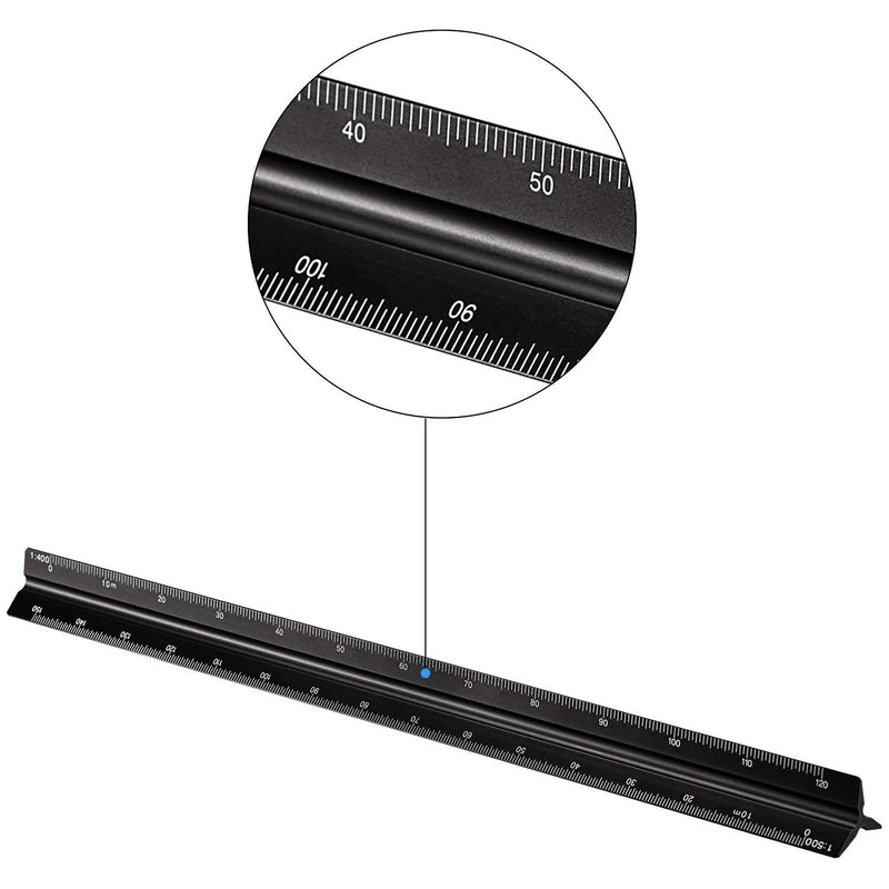 [Australia - AusPower] - 6 Pieces Aluminum Triangular Architect Scale Ruler Set, 2 Pieces 12 Inch Aluminum Scale Ruler with 4 Pieces Aluminum Triangle Ruler Square Set for Students, Draftsman and Engineers, Metric (Black) Black 