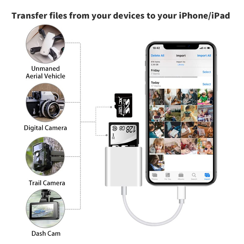 [Australia - AusPower] - Sd Card Reader for iPhone iPad Camera,Dual Card Slot Memory Card Reader Supports SD and TF Card Trail Camera Viewer Sd Card Adapter Portable Micro Sd Card Reader No Application Required Plug and Play 