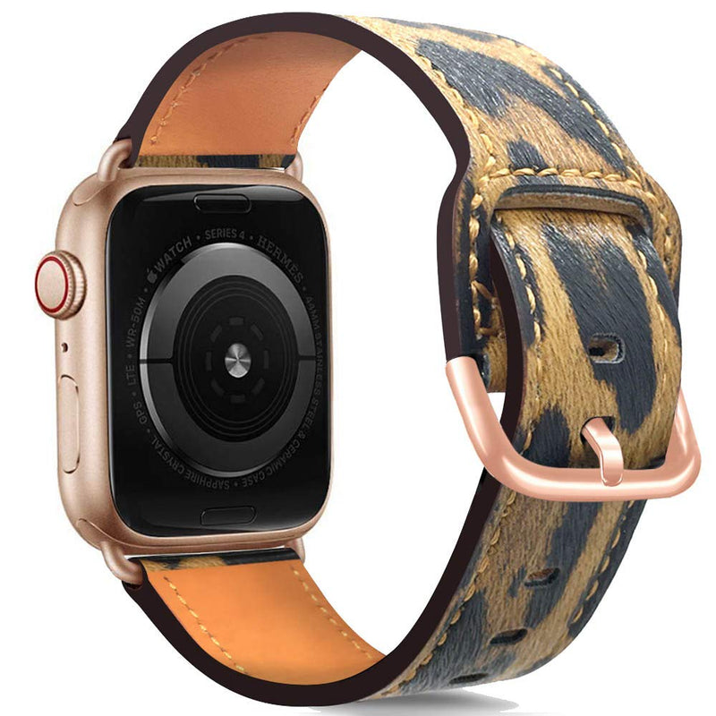 [Australia - AusPower] - Compatible with Apple Watch Bands 44mm 42mm 40mm 38mm: Genuine Leather iWatch Band for Apple Watch SE Series 6 5 4 3 2 1, Dressy Smartwatch Strap for Women Men(Leopard/Rose Gold, 42mm 44mm) leopard/rose gold 