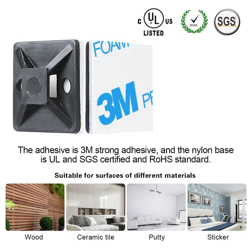 [Australia - AusPower] - 3/4" 3M Back-Glue Self Adhesive White Strong Cable Zip Tie Mounts 100pcs with 8" Ties, Screws, Outdoor Sticky Wire Fasteners Cable Clips Management Anchors Organizer Holders Squares 100 Piece 