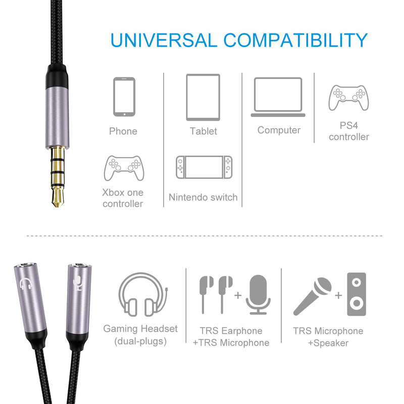 [Australia - AusPower] - 3.5mm Combo Audio Adapter Cable（2 Pack） Compatible for PS4,PS5,Xbox One S,for Switch,Tablet,Mobile Phone,PC Gaming Headsets and New Version Laptop Grey 