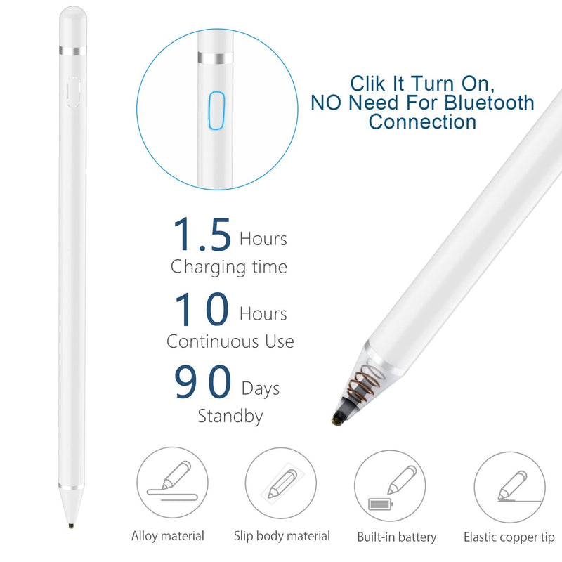 [Australia - AusPower] - Active Stylus Pen for Touch Screens, Rechargeable Pencil Digital Stylus Pen Compatible with iPad and Most Tablet (White) White 