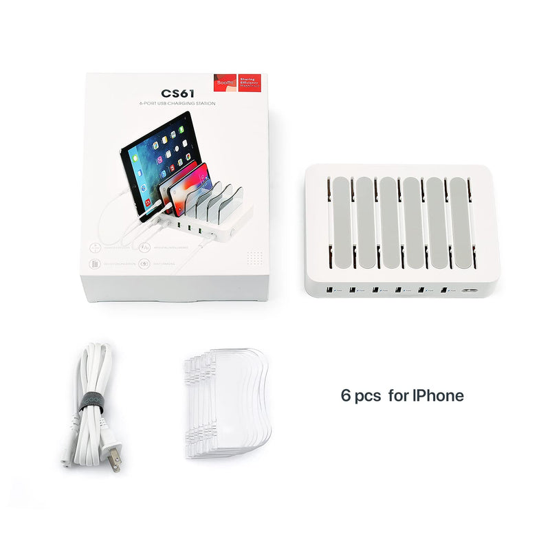 [Australia - AusPower] - SooPii Premium 6-Port USB Charging Station for Multiple Devices, 6 Charging Cables Included, Compatible with lPad lPhone lPod, for Phones, Tablets, and Other Electronics, White 