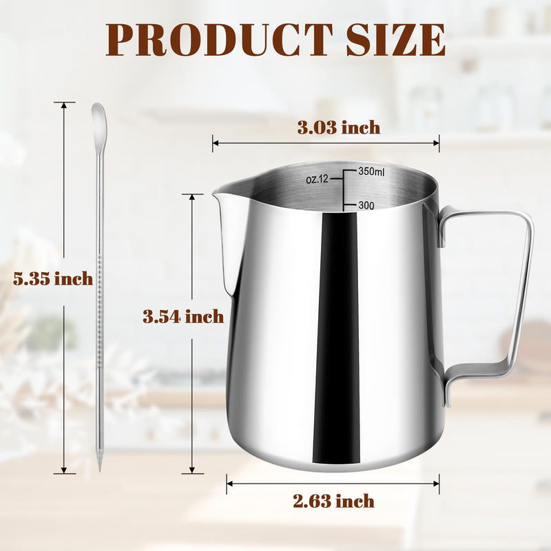 [Australia - AusPower] - Amrules Milk Frothing Pitcher, 12oz Milk Frother Cup with Clear Scale, 304 Stainless Steel Cappuccino Espresso Machine Accessories for Barista Coffee Bar with Latte Art Pen, Silver 12 oz 