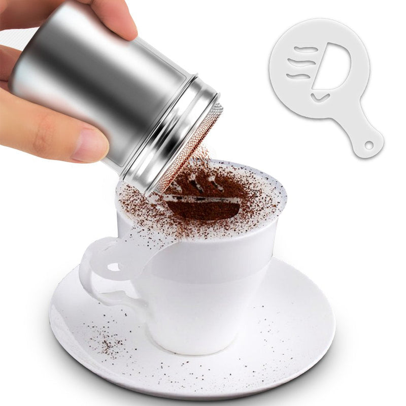[Australia - AusPower] - 3 Pack Stainless Steel Powder Shaker, Coffee Cocoa Dredges with Fine-Mesh Lid, AIFUDA Power Can For Baking Cooking Home Restaurant with 16 Pcs Printing Molds Stencils 