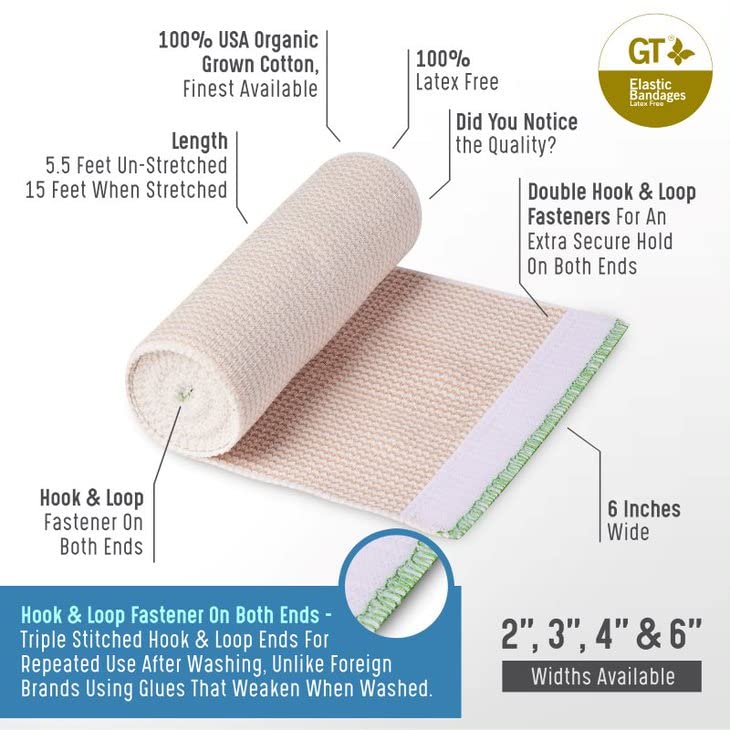 [Australia - AusPower] - GT USA Organic Cotton Elastic Bandage Wrap (6" Wide, 6 Pack) | Hook & Loop Fasteners at Both Ends | Latex Free | Hypoallergenic Compression Roll for Sprains & Injuries 6" Wide 
