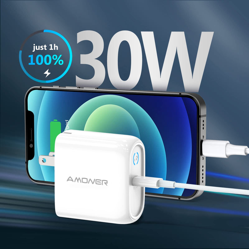 [Australia - AusPower] - USB C Wall Charger, Amoner iPhone 12 13 Charger Block with Foldable Plug, 30W iPhone Charger Fast Charging for iPhone 13 Pro/13/ iPhone 12 Pro Max/12 Pro/12/11 Pro Max/11/Google Pixel and More white 