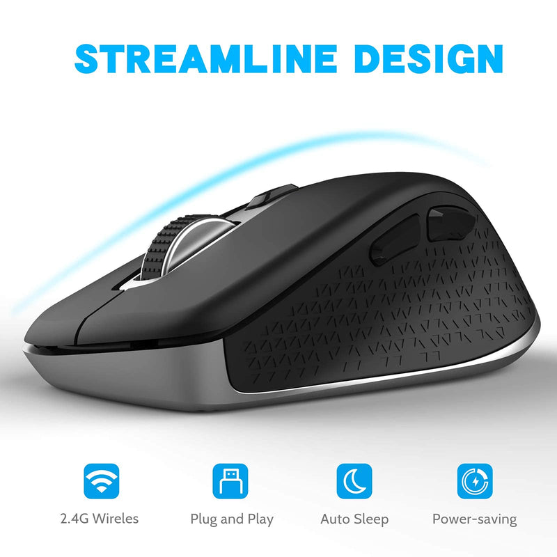 [Australia - AusPower] - Wireless Mouse 2.4G Noise-Free Cordless Mouse 5 Adjustable DPI (up to 2400) 6 Buttons Portable Computer Silent Mouse with USB Nano Receiver, Suitable for Laptops Computers Macs Laptops (Black) 1 Park Black 