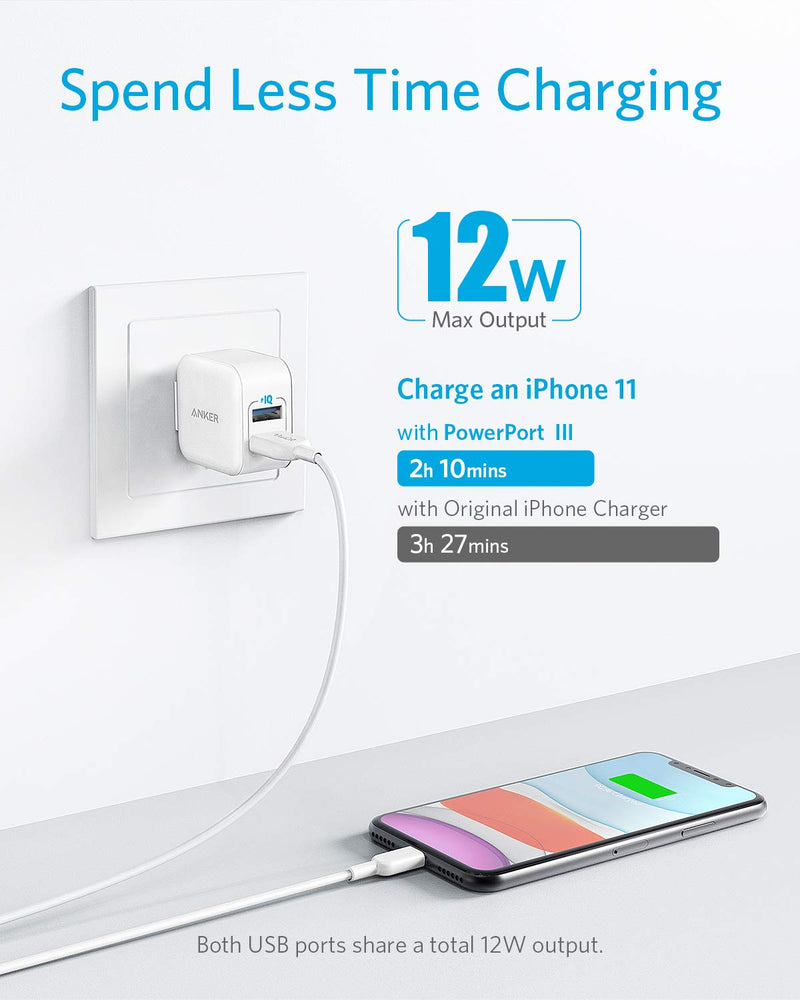 [Australia - AusPower] - iPhone Charger, Anker PowerPort III 2-Port 12W USB Wall Charger (3-Pack), Foldable Plug, for iPhone Xs/XR/11/11 Pro/SE 2020, iPad, and More 