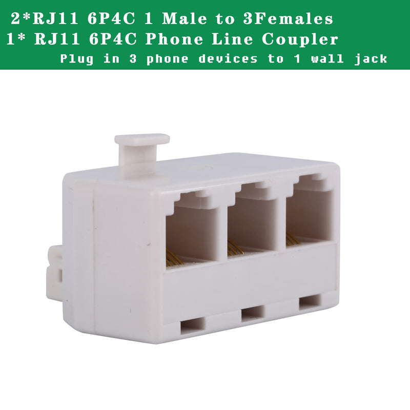 [Australia - AusPower] - 2+1Pack 2pcs 3 Phone Jack Splitter RJ11 6P4C 1 Male to 2 Females and 1pc Phone Line Coupler for Landline and Fax -Beige 