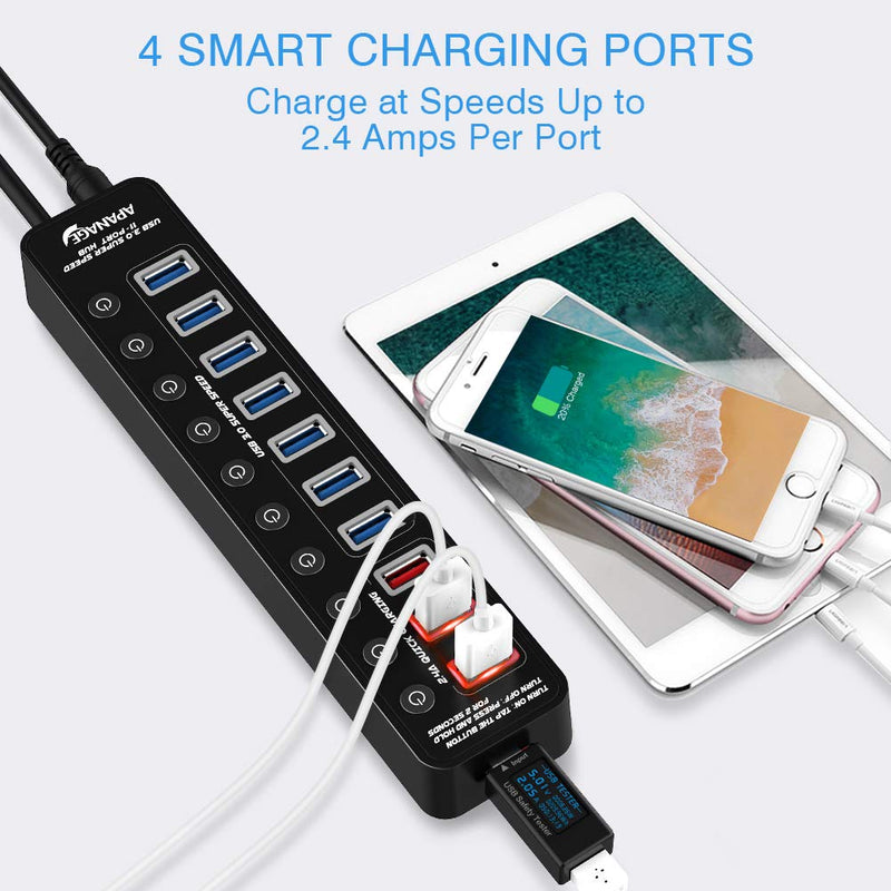 [Australia - AusPower] - Apanage Powered USB 3.0 Hub, 11 Ports USB Hub Splitter (7 High Speed Data Transfer Ports + 4 Smart Charging Ports) with Individual On/Off Switches and 48W Power Adapter for Mac Pro/mini, PC, HDD, Disk 11-Port Black 