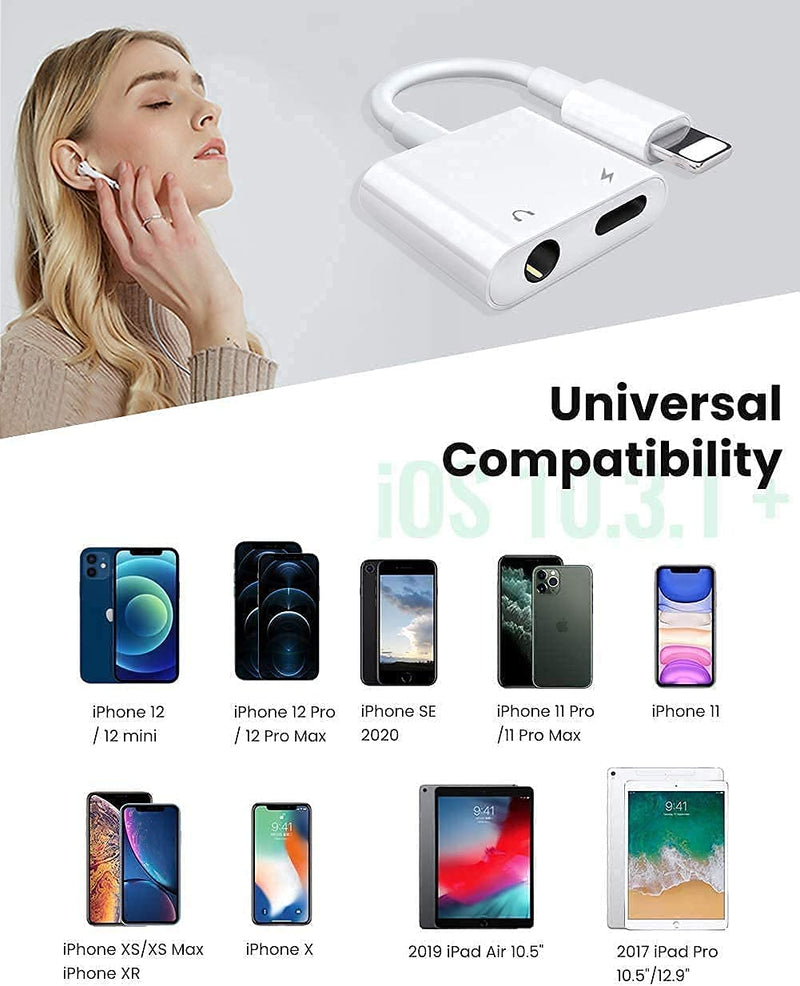 [Australia - AusPower] - Apple MFi Certified Lightning to 3.5mm Headphones Dongle Jack Adapter for iPhone AKAVO 2 in 1 Headphone Adapter and Aux Audio Adapter + Charger Cable Splitter Compatible with iPhone 12 11 XS XR X 8 7 