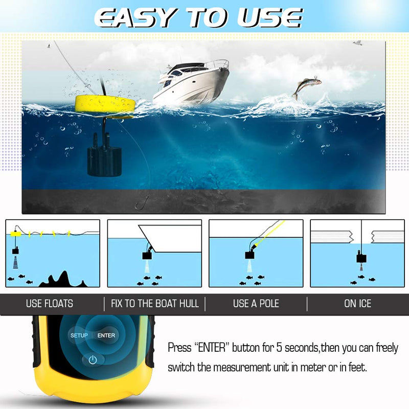 [Australia - AusPower] - Atibin Handheld Kayak Fish Depth Finder Portable Transducer Fish Finder Sonar Boat Dock Fish Finders Display Water Fishing Yellow 
