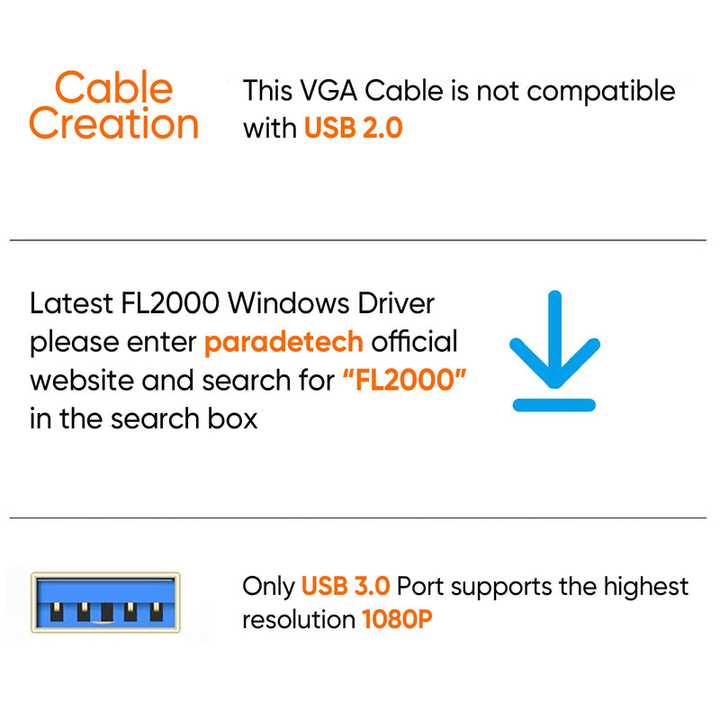 [Australia - AusPower] - USB 3.0 to VGA Cable 6 Feet, CableCreation USB to VGA Adapter Cord 1080P @ 60Hz, External Video Card, Only Support Windows 10/8.1/8 / 7 (NO XP/Vista/Mac OS X), Black 6Feet 