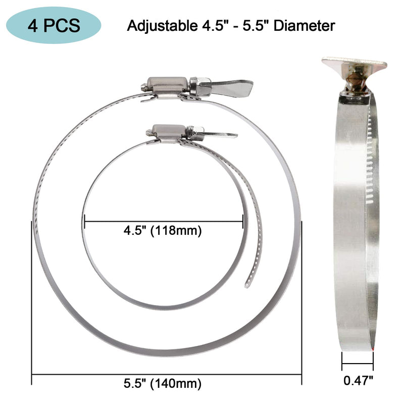 [Australia - AusPower] - Suprom 4 Pack 5 inch Hose Clamp, Adjustable 4 1/2"-5 1/2" Diameter 304 Stainless Steel Easy turn thumb Screw Worm Gear Hose Clamps For Securing Hose, Dryer, Automotive and Mechanical Applications 
