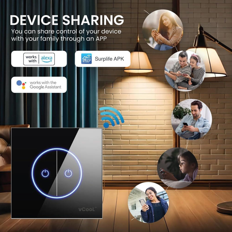 [Australia - AusPower] - Smart Light Switch, 2.4GHz WiFi Smart Switch Compatible with Alexa, Google Home and Surplife App, UL Certified Neutral Wire Required, No Hub Required(Classic Black, 2 Switch) 