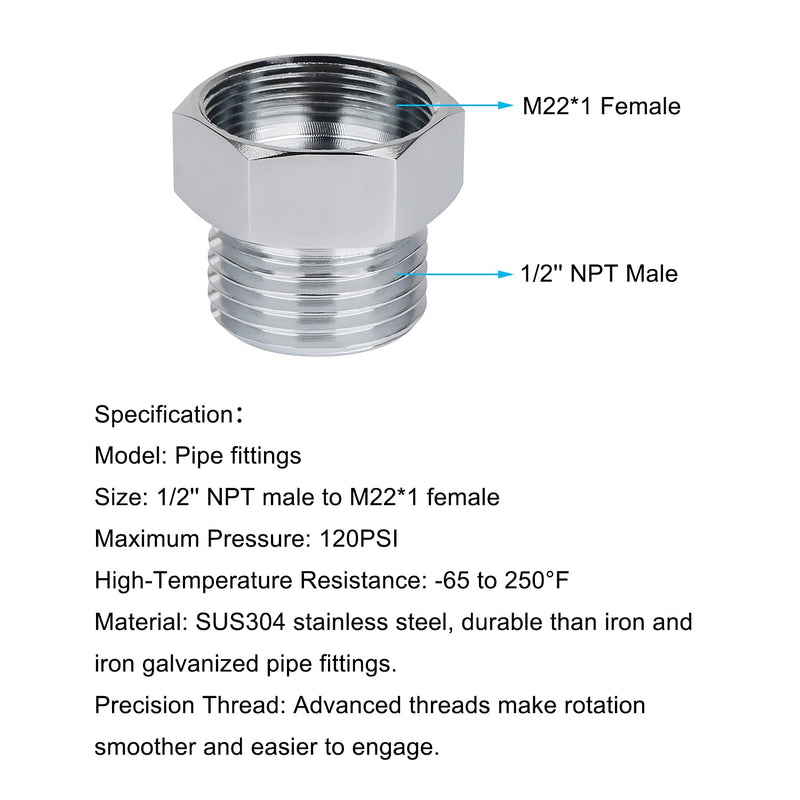 [Australia - AusPower] - TCEUMIK Faucet Adapter Kit Female M22x1 to Male 1/2’’ NPT SUS 304 Stainless Steel Constructed Faucet Pipe Fitting Aerator Adapter Suitable for Commercial Faucet Parts Garden hose 