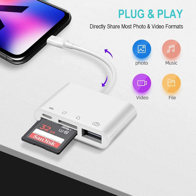 [Australia - AusPower] - SD Card Reader for iPhone/iPad 4 in 1 SD/Micro SD Card Reader Memory Card Reader Adapter with Dual Card Slot and USB for SLR Camera Trail Game Camera SD Viewer Plug and Play 