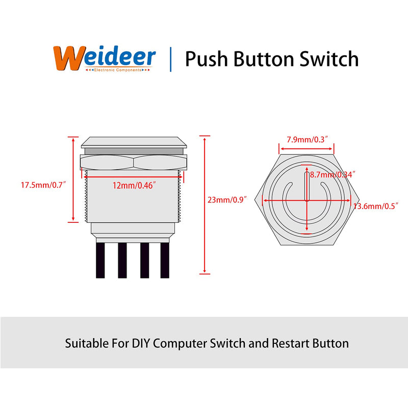 [Australia - AusPower] - weideer 12mm Momentary Push Button Switch Metal Chassis Switch Waterproof 6V Red Ring LED Power Symbol Light ON/Off Switch with Wire for 12mm 1/2" Mounting Hole M-12-POWER-BK-R-X Black Metal BK-R-X 