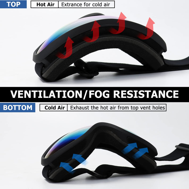 [Australia - AusPower] - AVV OTG Ski Goggles for Men Women With Anti-Fog Dual Layer lens, UV400 Snow Goggle for Snowboarding Snowmobiling Skating Black&grey Colorful Green Lens 