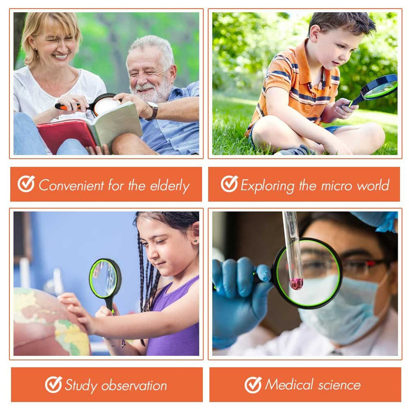 [Australia - AusPower] - Leffis 3 Pack Magnifying Glass, 10X Non-Slip Handheld Reading Magnifier for Kids and Seniors, 75mm Magnifying Glass Lens for Reading, Classroom Science, and Nature Exploration (Felt Bag Included) 3 Pack(green/Yellow/Orange) 