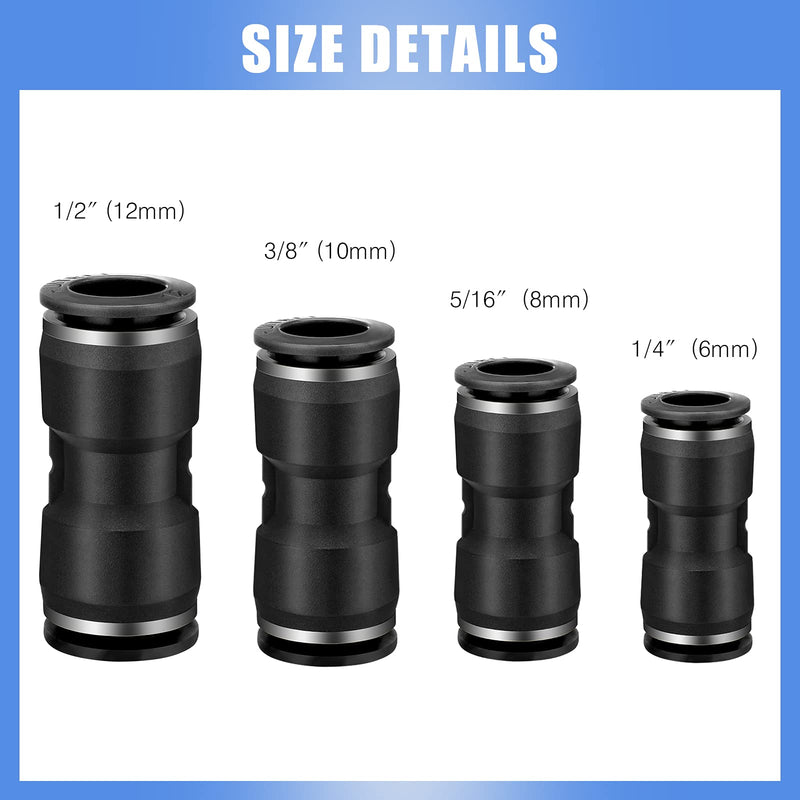 [Australia - AusPower] - 40 Pieces Straight Push Connectors, Push to Connect Fittings Kit Quick Release Pneumatic Connectors Air Line Fittings Connect Air Hose Fittings, 2 Way (Black,1/4 5/16 3/8 1/2) 