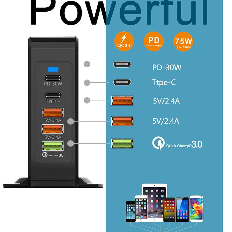 [Australia - AusPower] - USB Wall Charger,PD-75W 5 Port USB Charging Station,PowerPort 5 Multi USB Charger(PD-30W,Type-C,QC3.0and 5V-2.4A) for Smartphone, Tablet, Headset, and Bluetooth Speaker Black 