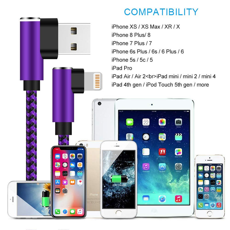 [Australia - AusPower] - iPhone Charger 10ft [Apple MFi Certified] 3 Pack 90 Degree Right Angle Lightning Cable Compatible with iPhone 13 12 11 Pro XS MAX/XR/X/8 8 Plus/7 7 Plus/6 6 Plus/iPad (Purple,10ft) Purple 