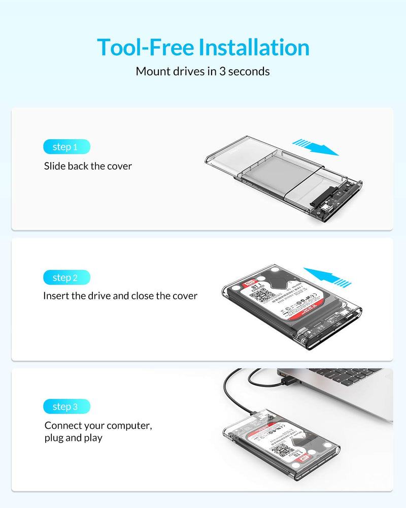 [Australia - AusPower] - ORICO 2.5'' USB 3.0 External Hard Drive Enclosure USB3.0 to SATA Portable Clear Hard Disk Case for 2.5 inch 7mm 9.5mm SATA HDD SSD Max 4TB Support UASP and Tool-Free(2139U3) 