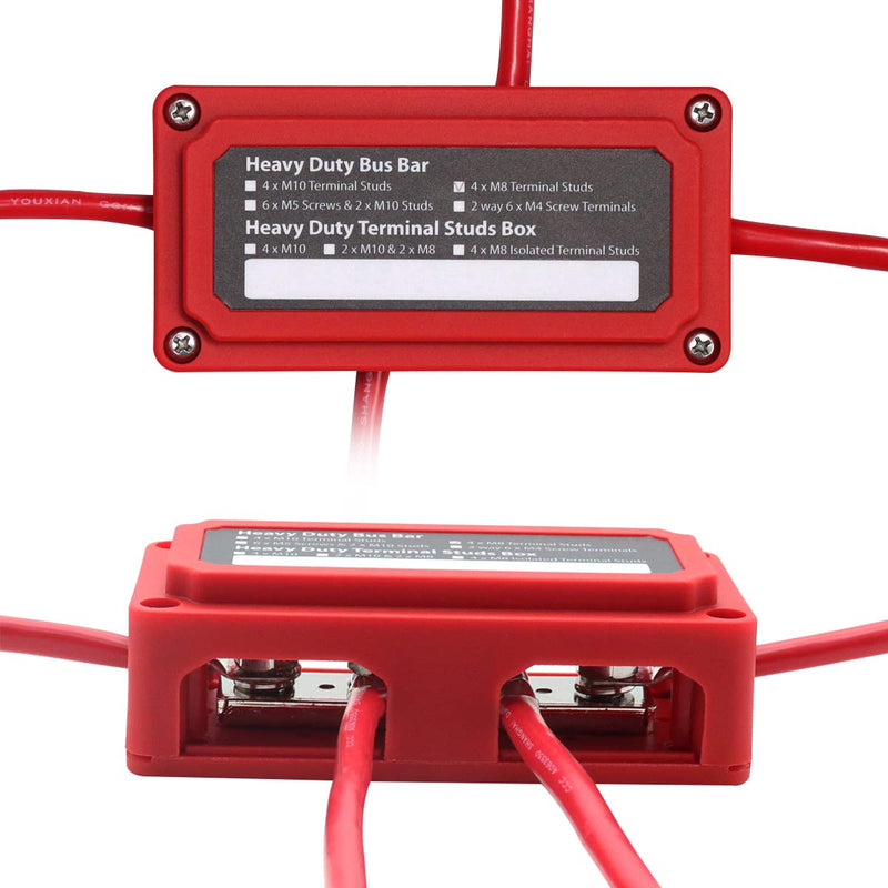 [Australia - AusPower] - T Tocas 300A Heavy Duty Bus Bar Box Nickel Plated Brass Buss 4xM8 (5/16") Stainless Steel Terminal Studs Module Design Power Distribution Block Battery Red 