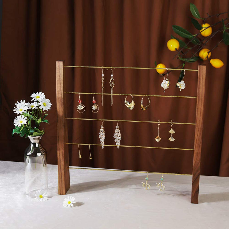[Australia - AusPower] - GemeShou Walnut Brass 5 Tier Earring Cardboad Hanger Stud Dangle Hoop Earring Storage Organizer Tabletop Clip on Earring Display Stand 【Walnut-Brass 5-Tier Height 15.6"】 E2/Walnut Ladder 5-Tier (16.3"x2.4"x15.6" H)+30pcs PVC Earring cards for Free 