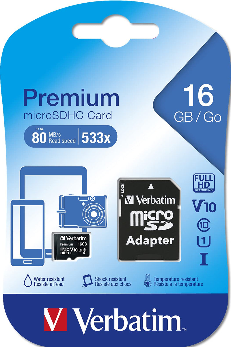 [Australia - AusPower] - Verbatim 16GB Premium microSDHC Memory Card with Adapter, UHS-I V10 U1 Class 10, Black (44082) 