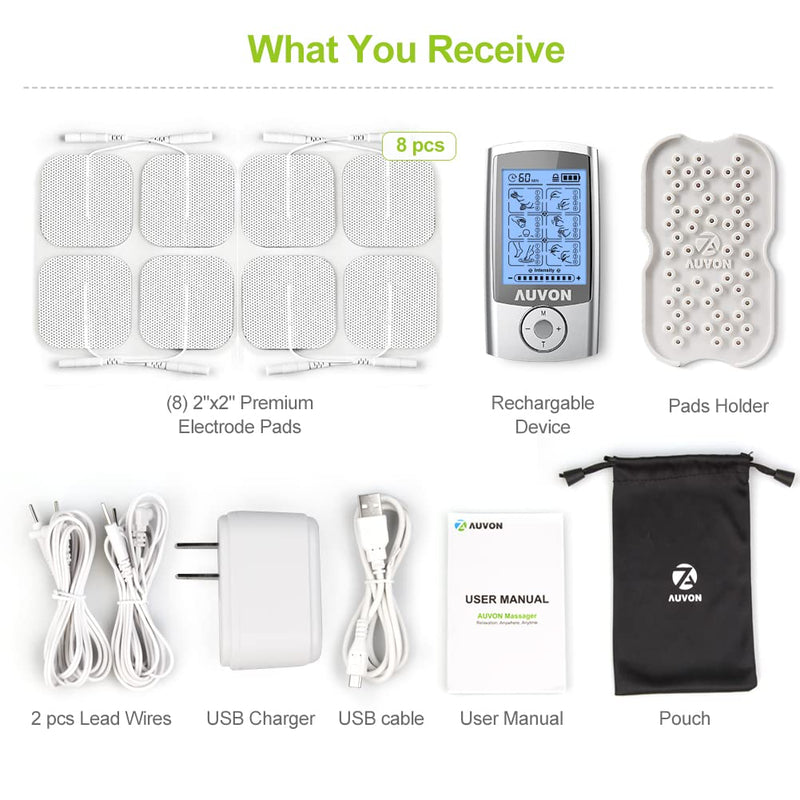 [Australia - AusPower] - AUVON Rechargeable TENS Unit Muscle Stimulator, 24 Modes 4th Gen TENS Machine with 8pcs 2"x2" Premium Electrode Pads for Pain Relief 