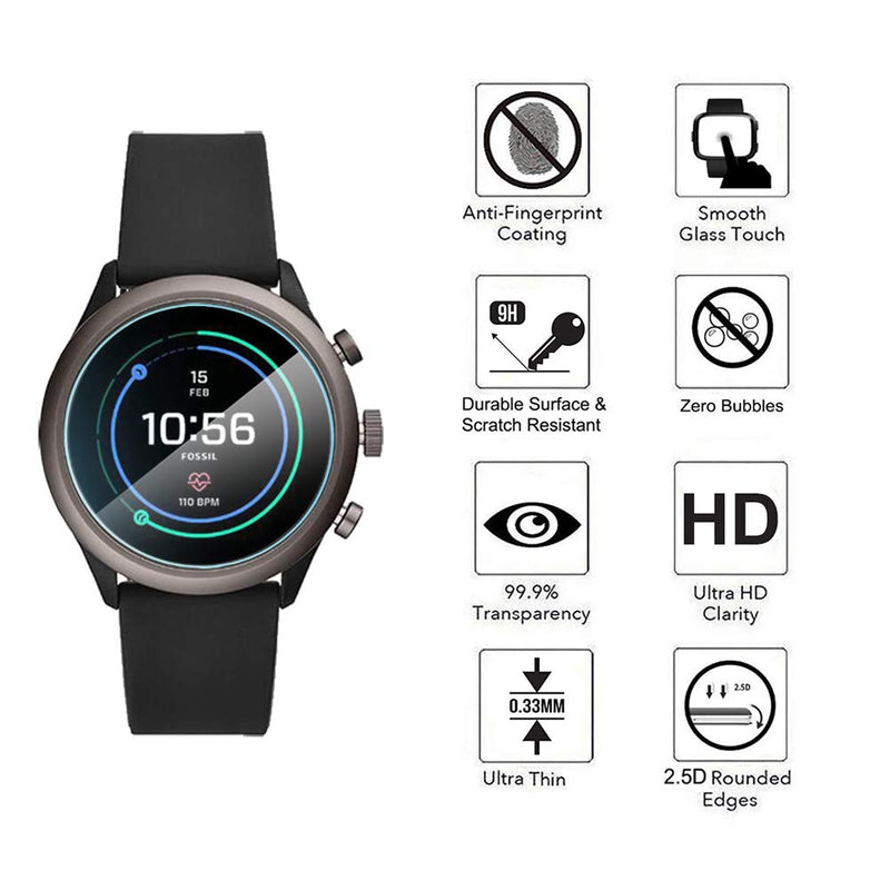 [Australia - AusPower] - [4-Pack] Akwox Tempered Glass Screen Protector Compatible with Fossil Sport 43mm 2018 Gen 4 Smart Watch, [2.5D Arc Edges High Definition 9H Hardness] Anti-Scratch 