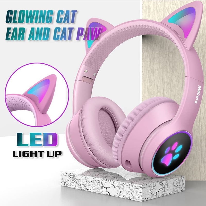 [Australia - AusPower] - Mokata Gaming Bluetooth 5.0 Wireless Headphones Over Ear Cat LED Light Foldable Music Headset with AUX 3.5mm Microphone (Built-in) for Adult & Kids PC TV Game Music Pad Laptop Cellphone Pink Bluetooth Wireless 