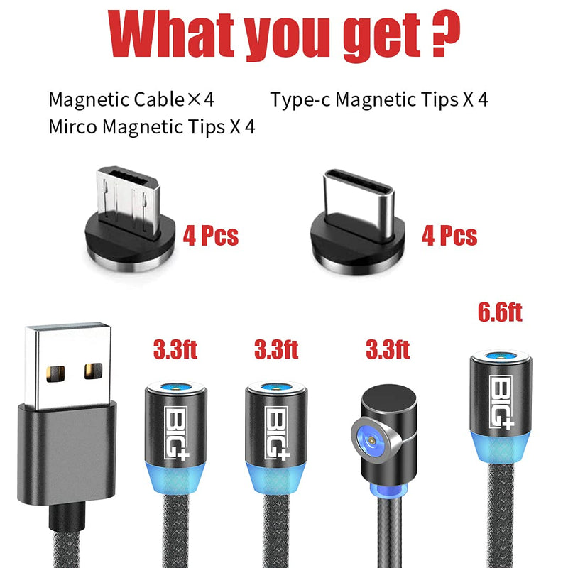 [Australia - AusPower] - Magnetic Charging Cable, by Big+ [4 Pack] Magnetic Phone Charger Cable, Magnetic Charger Type C, Compatible for Smartphones, Micro USB and USB C Devices, Type C Charger, USB Magnetic Charging Cable 