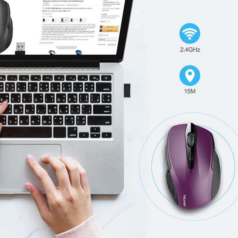 [Australia - AusPower] - Wireless Mouse, TECKNET Pro 2.4G Ergonomic Wireless Optical Mouse with USB Nano Receiver for Laptop,PC,Computer,Chromebook,Notebook,6 Buttons,24 Months Battery Life, 2600 DPI, 5 Adjustment Levels Purple 