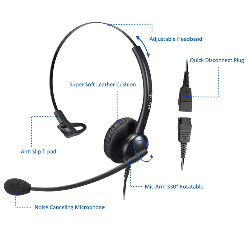 [Australia - AusPower] - Telephone Headset with Noise Canceling Microphone, Mono Office Call Center Headset with RJ9 & 3.5mm Jack for Landline Deskphone Cell Phone PC Laptop, Work for Mitel Aastra Toshiba NEC Shoretel Monaural M510SQD010 