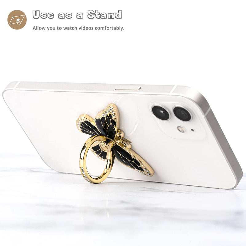 [Australia - AusPower] - Cell Phone Ring Holder Butterfly, Finger Kickstand, Phone Ring Grip Holder, Compatible with iPhone 13/12/Mini/Pro/Pro Max and Android Phone (Gold Black) 