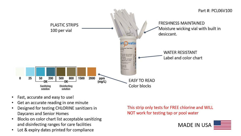 [Australia - AusPower] - Active Chlorine Bleach Test Strips, 0-2000 ppm [Vial of 100 Plastic Strips] Designed for Daycares and Senior Homes for Sanitizing and Disinfecting 