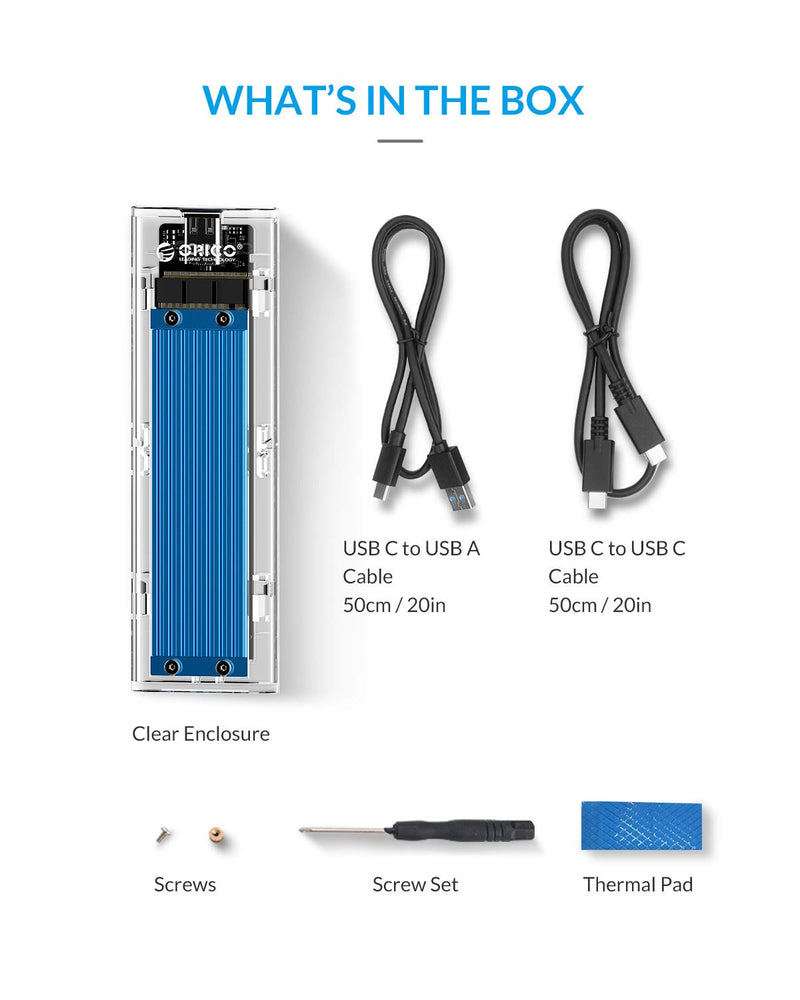 [Australia - AusPower] - ORICO NVME M.2 to Type-C USB3.1 Gen2 10Gbps Transparent External Solid State Drive Adapter Enclosure for 2280 2260 2242 2230 PCI-E M2 M-Key SSD, USB Type C Converter Case (TCM2-Blue) Blue 