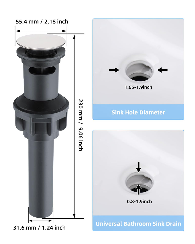 [Australia - AusPower] - Hygie Rinse 2Pack Pop Up Sink Drain with Overflow, Bathroom Sink Stopper for Vessel Sink, Push and Seal Vessel Sink Drainer Stopper, Anti-Clogging Strainer, Brushed Nickel Brushed Nickel Finish 2 