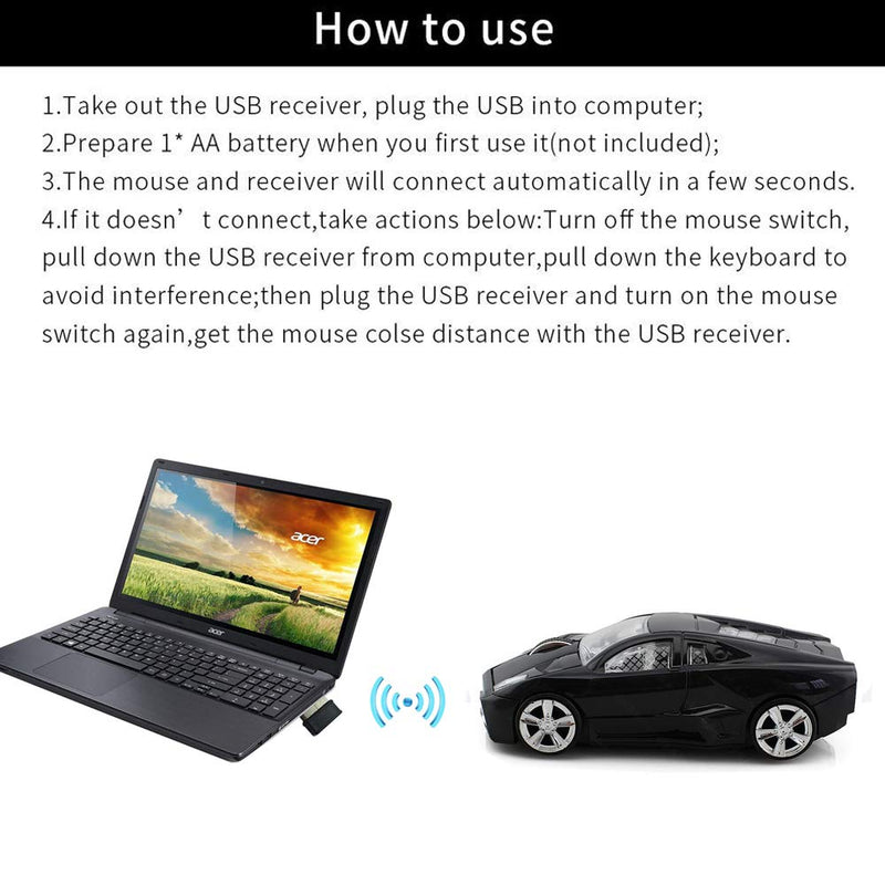 [Australia - AusPower] - jinfili 2.4GHz Sports Car Wireless Mouse Optical Cool 1600DPI 3D USB Wireless Gaming Mice for Pc Laptop Windows 10 Black 