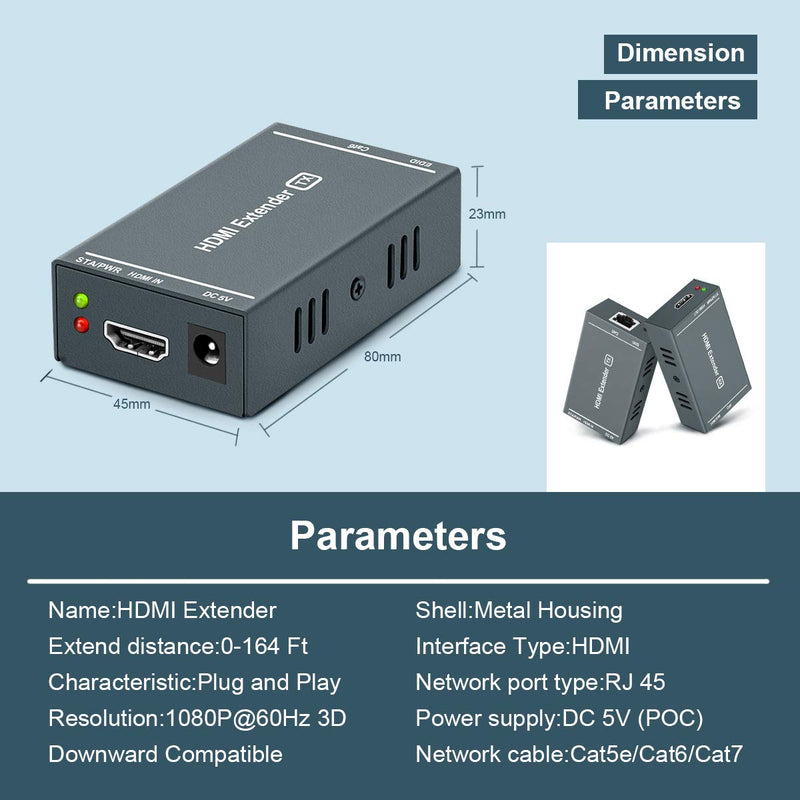 [Australia - AusPower] - HDMI Extender, Up to 164 ft/50m, Over Cat5e/Cat6/Cat7 Ethernet Cables, 1080P@60Hz Ultra HD Uncompressed Transmit 