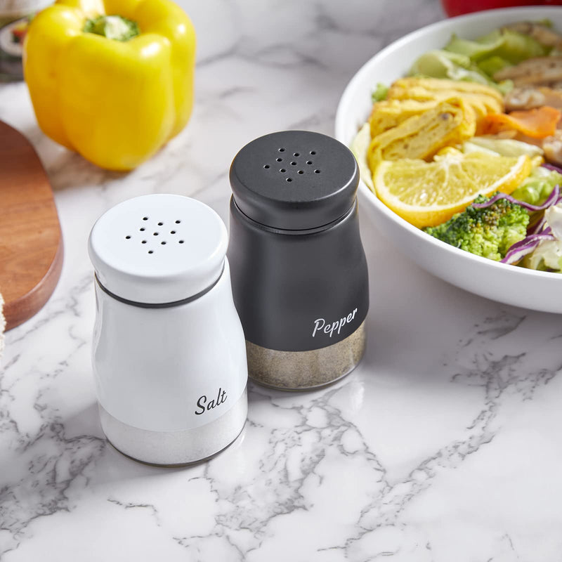 [Australia - AusPower] - Farmhouse Salt and Pepper Shakers Set, Bivvclaz 5 Ounce Stainless Steel Salt and Pepper Dispenser with Glass Bottom, Cute Salt and Pepper Shakers for Farmhouse Modern Home Kitchen Decor, Easy Filling Black&White 