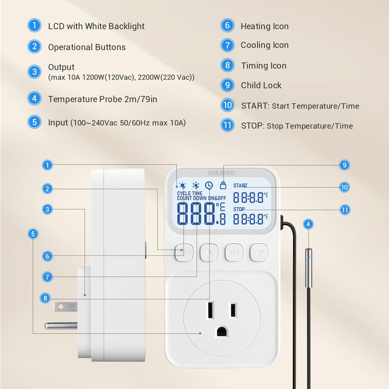 [Australia - AusPower] - INKBIRD Digital Thermostat Outlet Temperature Controller Outlet Socket Heating/Cooling Control 1200W 10A Backlit Display 