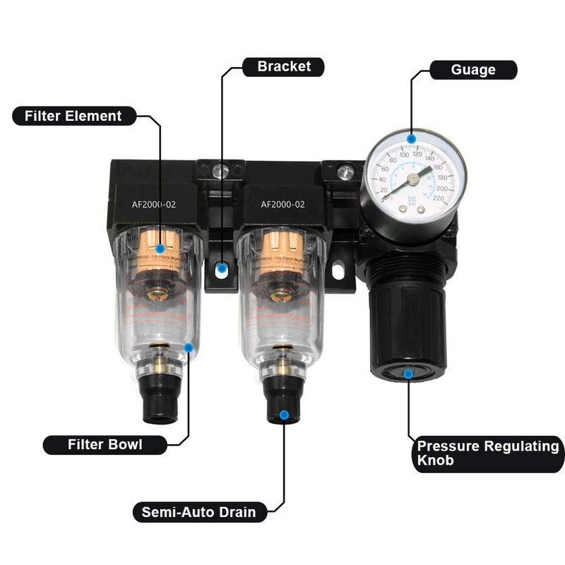 [Australia - AusPower] - Beduan Semi-Auto Drain Pneumatic Air Filter Pressure Regulator 1/4 Inch NPT Dryer Compressor kit with Gauge DFR2000-2 1/4” NPT 