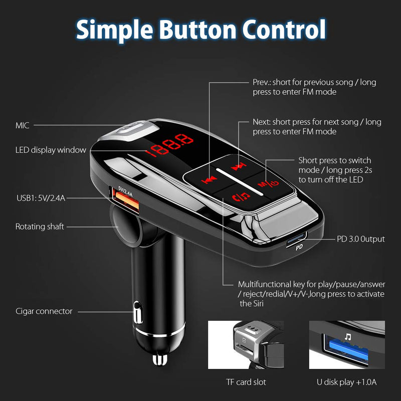 [Australia - AusPower] - Car Bluetooth FM Transmitter, SONRU Wireless Audio Adapter and Receiver for Car, Hands-Free Calling, Car Charger with PD3.0 Quick Charge Type C Port, Support TF Card, U Disk Black 