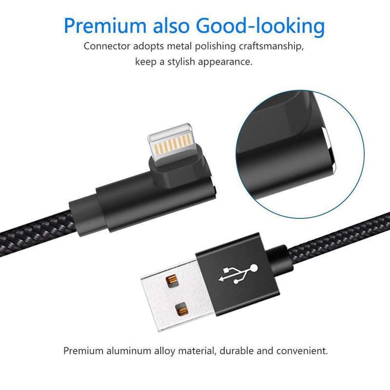 [Australia - AusPower] - Extra Long Durable Charging Cable, 3 Pack 10ft USB A to 90 Degree Aluminum Alloy Charging Cord Compatible with iPhone 13/12/11/Pro/Xs Max/XS/XR/7/7Plus/X/8/8Plus/6S/6S Plus/SE (Black, 10ft) 